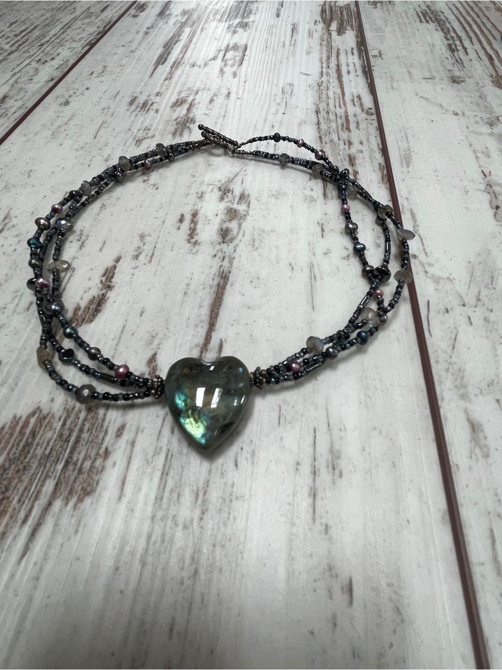 Multi Strand Gunmetal Seed Bead Necklace Large Iridescent Dark Stone Heart 15.5